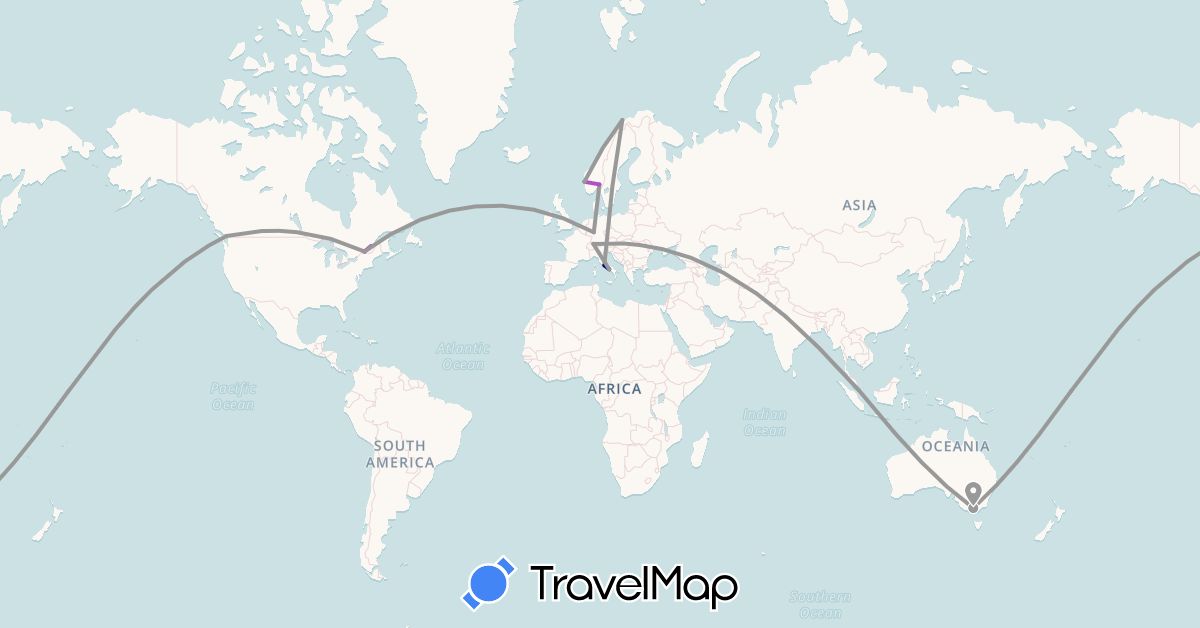 TravelMap itinerary: driving, plane, train in Australia, Canada, Switzerland, Germany, Italy, Norway, Singapore (Asia, Europe, North America, Oceania)